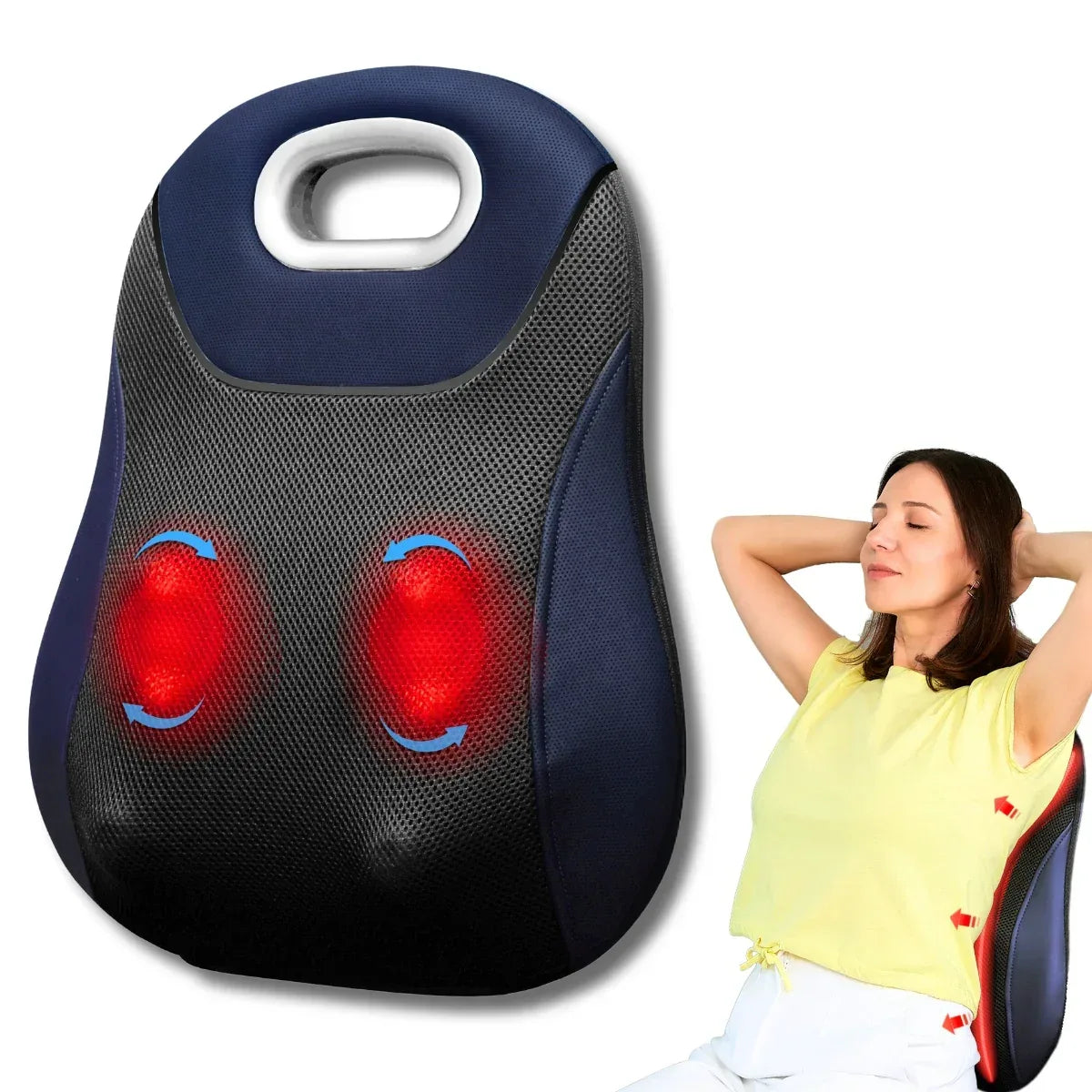 Aparat Masaj Spate Suporto cu Vibromasaj Terapeutic, Role cu Noduri de masaj, Incalzire cu infrarosu, Forma de perna lombara, Urmează curbura spatelui, pentru Relaxare Musculara, Amelioreaza durerile si detensioneaza spatele, Negru - Defaul