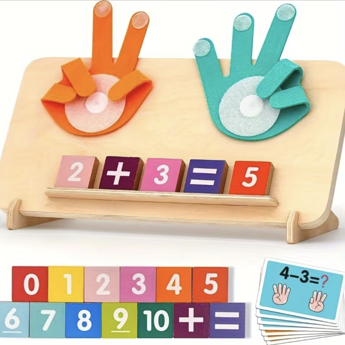 Joc Montessori din lemn pentru calcul matematic cu degete din fetru si suport, +3 ani